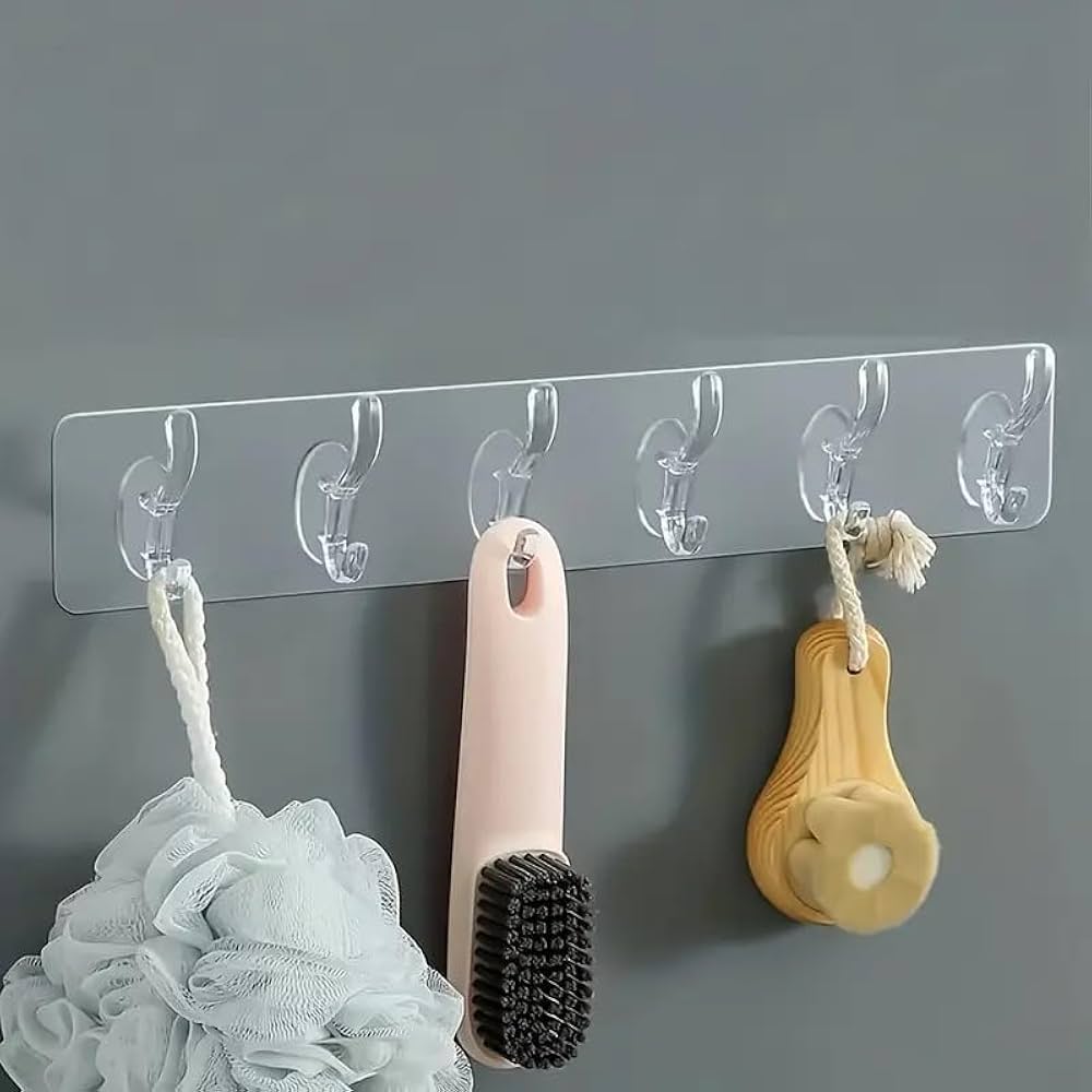 6 Row Transparent Wall Hooks Self Adhesive Clothes Coat Door Hanger Towel Key Holder Bathroom Kitchen Storage Sticker Hook