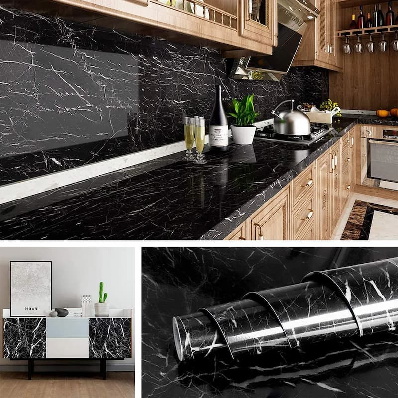 Self-adhesive Kitchen Black Marble Sheet- Waterproof Heat Resistant Sheet For Living Room, Bathroom, Kitchen Countertops Black Sheet – 02 Meter