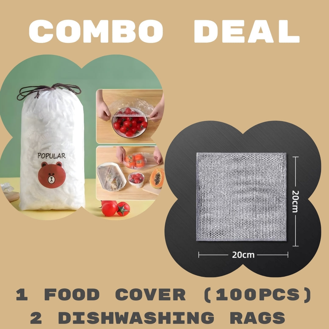 Combo Deal Disposable Food Cover Plastic Wrap 100 Pcs + 2 Pcs Dishwashing Rug