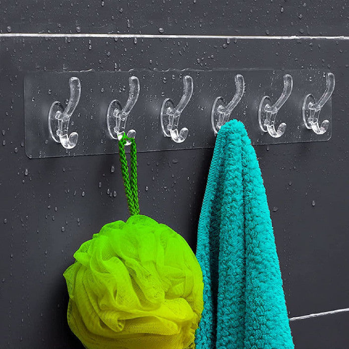 6 Row Transparent Wall Hooks Self Adhesive Clothes Coat Door Hanger Towel Key Holder Bathroom Kitchen Storage Sticker Hook