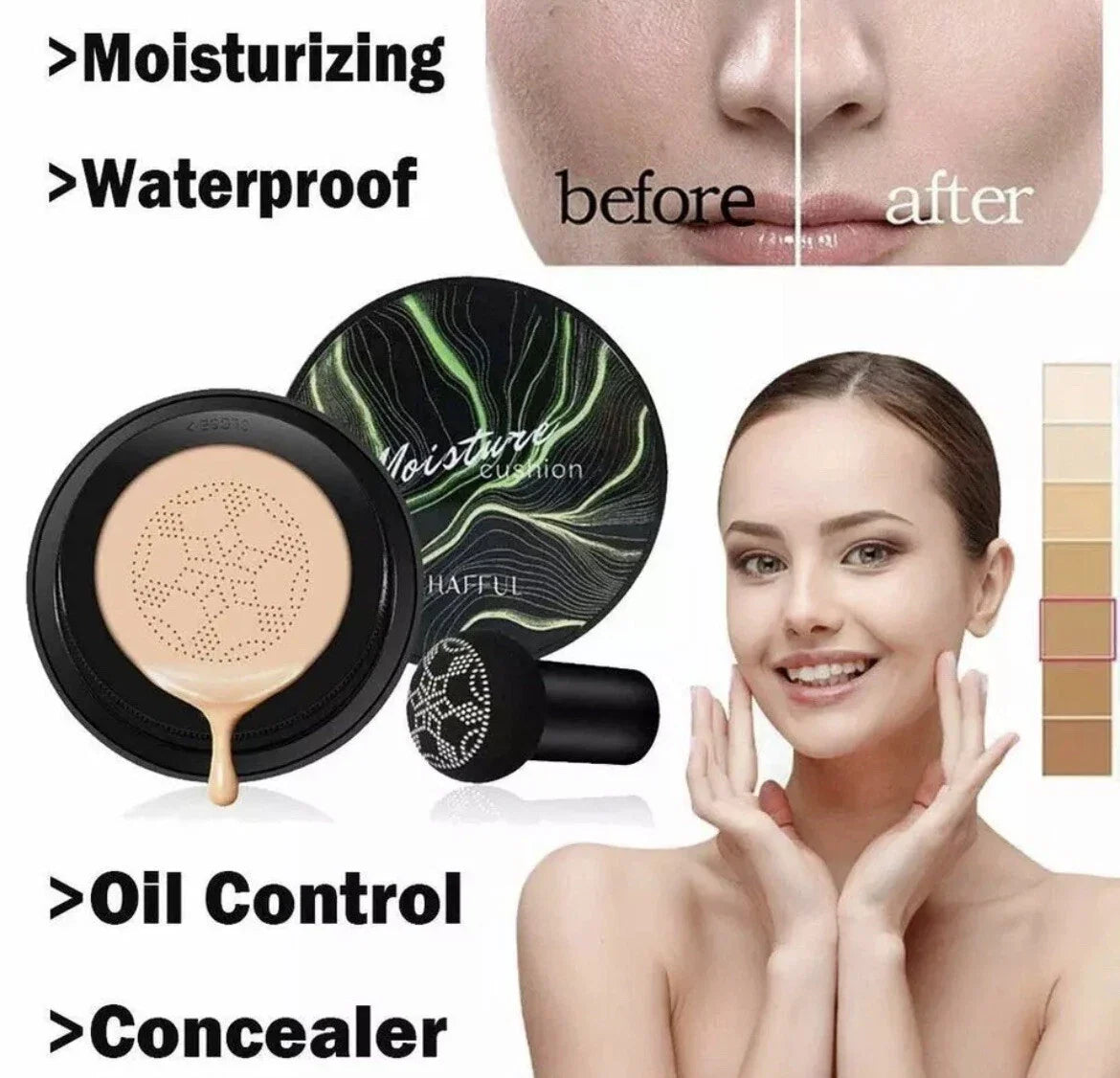 Sunisa Waterproof Air Cushion Foundation – BB & CC Cream with Hydrating Formula & Mushroom Head Applicator