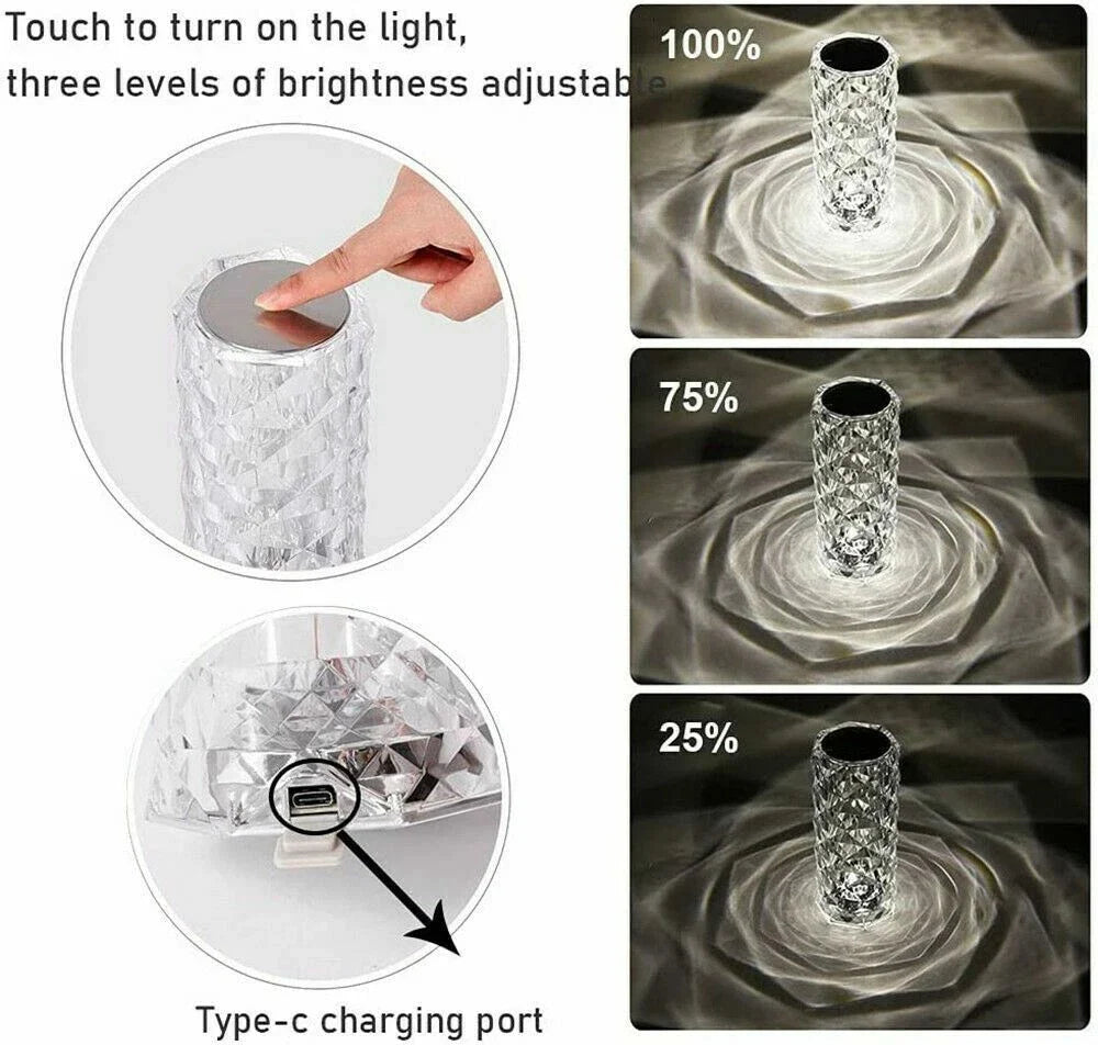 16 Colors Diamond Rose Crystal Touch Lamp Bedside Acrylic Usb Rechargeable Table Lamp – With Remote